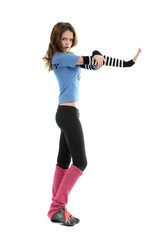 a young cheerful girl posing against a white background