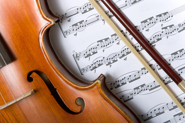 Violin and bow on music