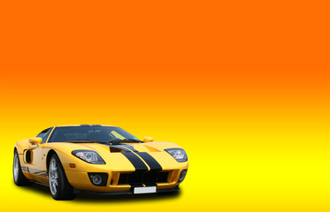Yellow super car on a bright orange gradient background