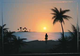 Tropical beach blue sunset