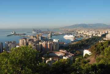 View of Malaga, Spain with Plaza de Toros in foreground