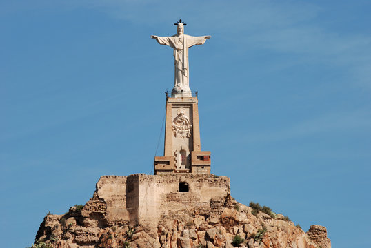 Monteagudo statue and castle in Murcia, Spain.