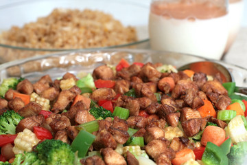 Mixed vegetable and meat dish with egg fried rice