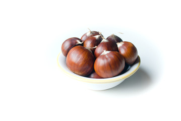 Chestnut in a little soup plate isolated on white background