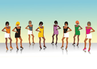 Beautiful girls of model pose on a podium