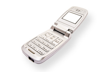 silver mobile phone on white witj blank screen
