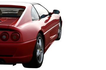 side of red supercar cut out on white background