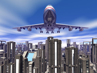 Airplane over city blocks