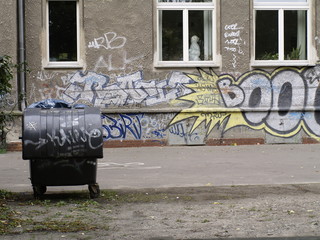 ein Müllcontainer vor einem abgenutzten Gebäude mit geschmacklosen Graffiti