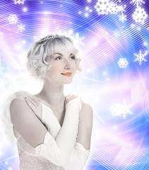 Beautiful Angel girl on abstract winter background