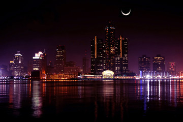 view of Detroit skyline at night and moon, Michigan - 5007690