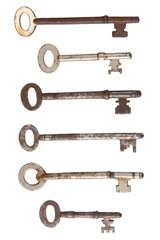 Six rusty old keys isolated on white.