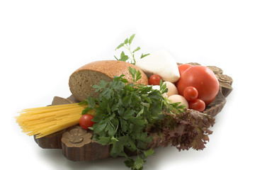 Bread and cheese, pasta, fresh herbs and tomato 