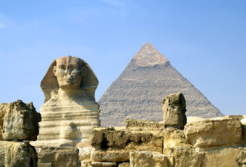 Sphinx and Pyramid of pharaoh Chephren, Giza, Egypt