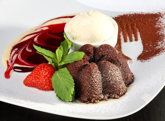 Delicious chocolate dessert with ice cream