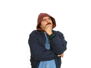 thinking man with the hood