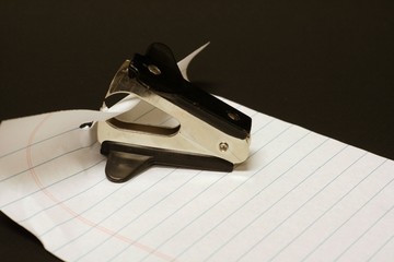 Staple remover biting piece of lined white paper