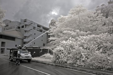 Infrared photo – fire drill and fire engine in the parks