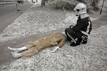 Infrared photo – fire drill and dummy  in the parks