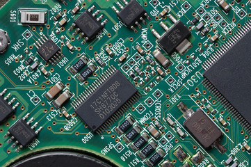 Circuit board with microchips. Close-up.