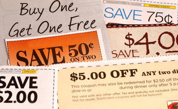 A variety of clipped store advertisement coupons