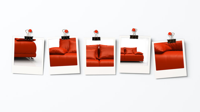 Five polaroid blanks with different parts of red sofa