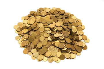 Pile of golden coins isolated on white