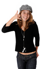 Appel moi. jeune fille fait un signe de la main