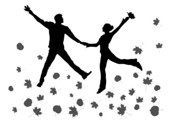 vector jump couple. autumn leaves