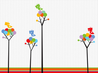 cute birds on color dots trees
