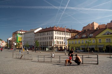 Obraz premium Prague Аndel area. Street view. Airplane trace. 