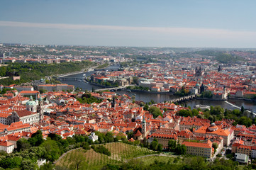 Fototapeta na wymiar Prague old town, river Vltava and bridges view from above