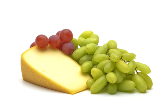 cheese and grape on white background