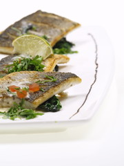 gebratenes doraden filet auf blatt spinat