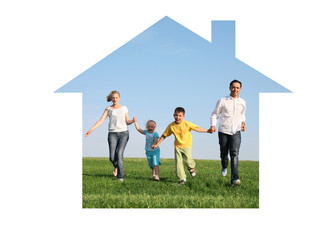 family of four running grass sky