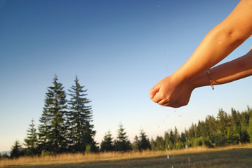 fresh water falling on children hands