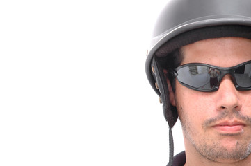 Latino motorcycle man with helmet and sunglasses
