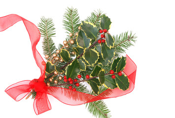 christmas decoration with holly berries on white background