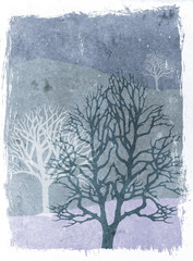 illustration of trees over grunge blue toned background