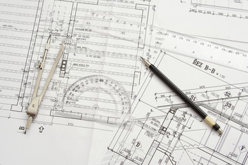 Plans of one family house, writing materials and scale