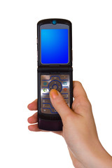 Flip mobile phone in hand