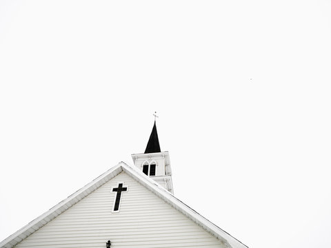 White church with steeple.