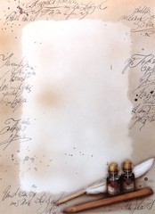 Old ancient parchment with a pen feather and an ink