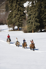 Group horseback riding in snow.