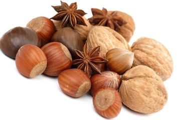 composition of anise, walnut, hazelnut isolated on white backgro