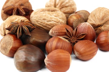 composition of anise, walnut, hazelnut isolated on white backgro