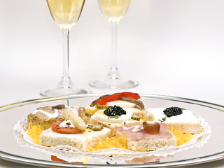 Appetizer with caviar, champagne and other delights