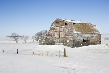 Rustic barn in rural snow covered landscape.