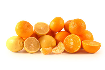 Mandarins,lemons and oranges on a  white background