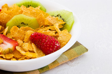 Corn Flakes with Strawberries and Kiwi Fruit